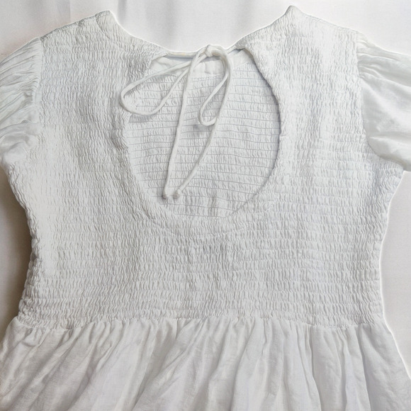 Faithfull the Brand Savita Smocked Linen Puff Sleeve Open Back Top White Small - Picture 7 of 14